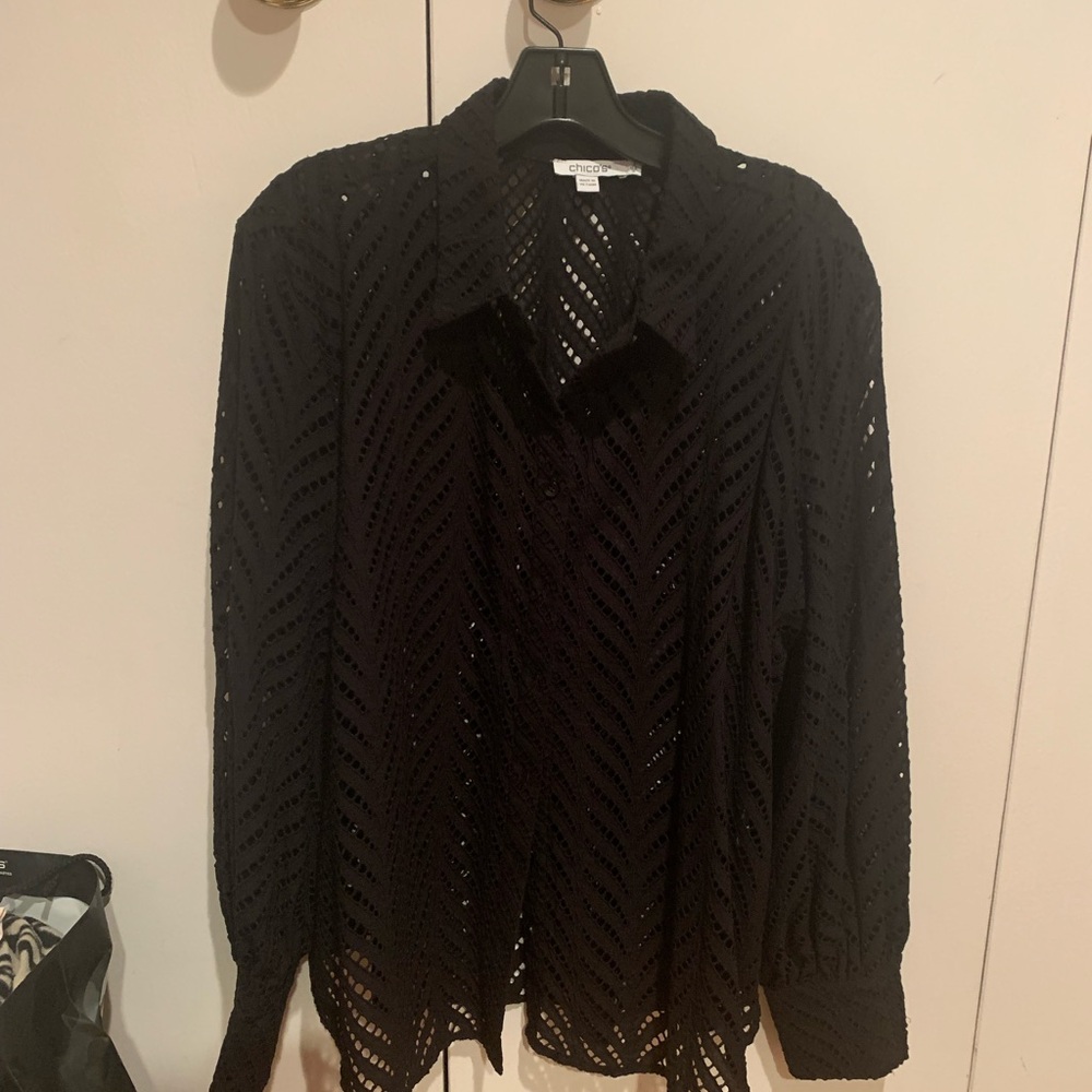 Chicos Black Button Down W/ Open Work - image 1